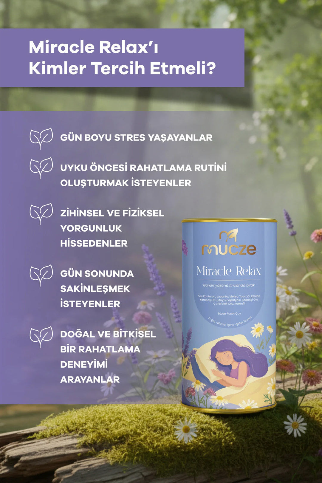 Bitkisel Gece Rahatlama Çayı – Melisa, Papatya & Lavanta