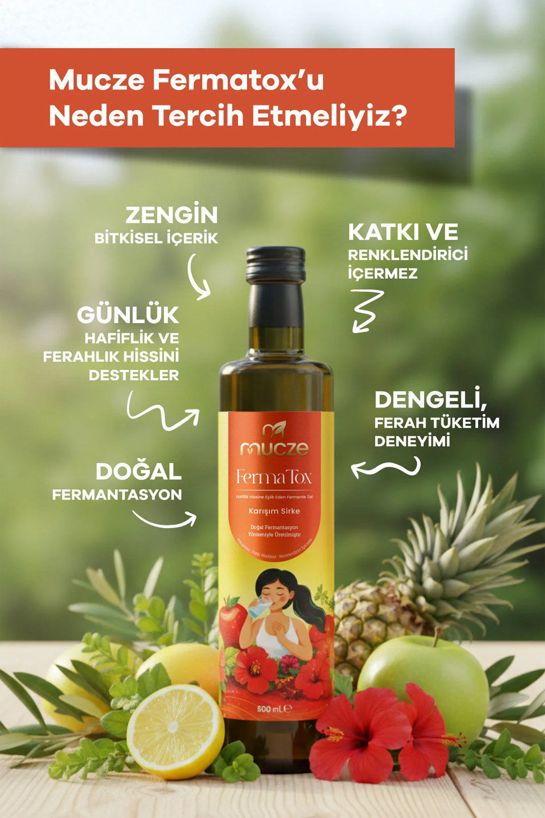 Fermente Bitkisel Detox Sirkesi – Enginar, Zerdeçal & Hibiscus – 500 ml