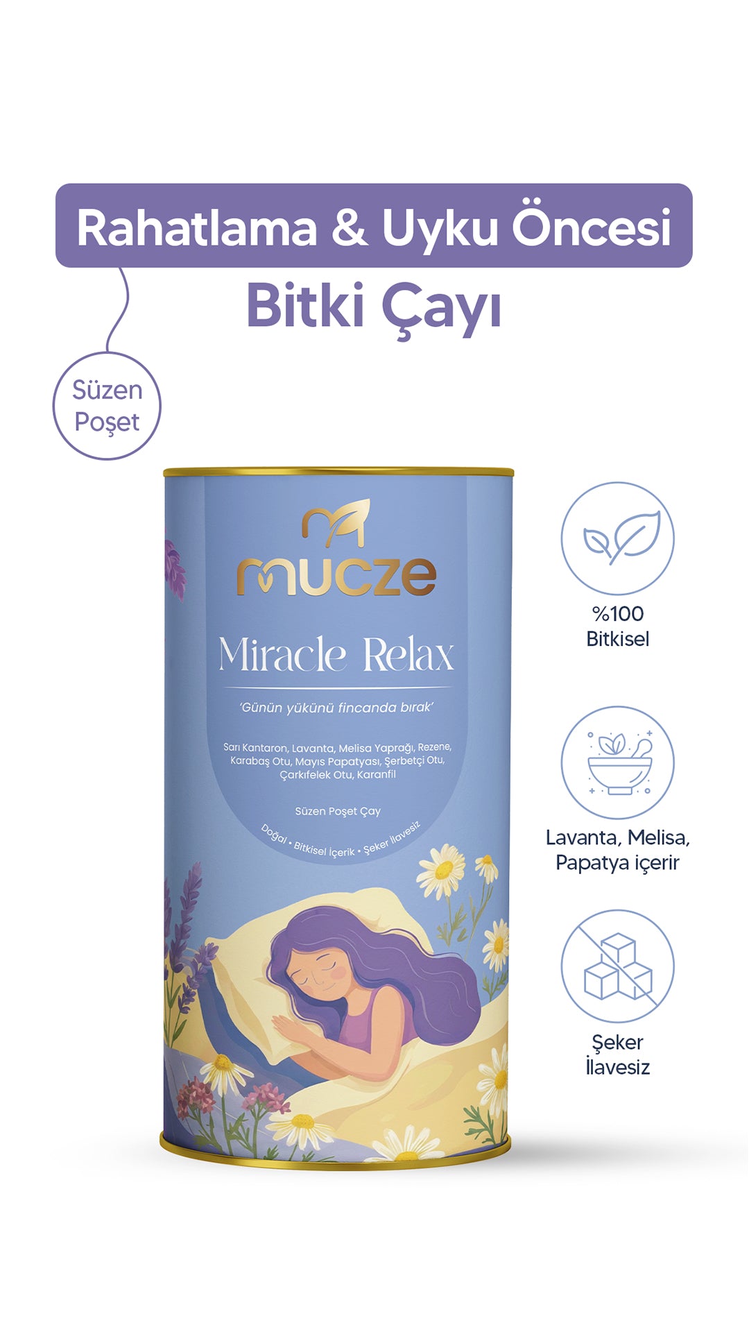 Bitkisel Gece Rahatlama Çayı – Melisa, Papatya & Lavanta